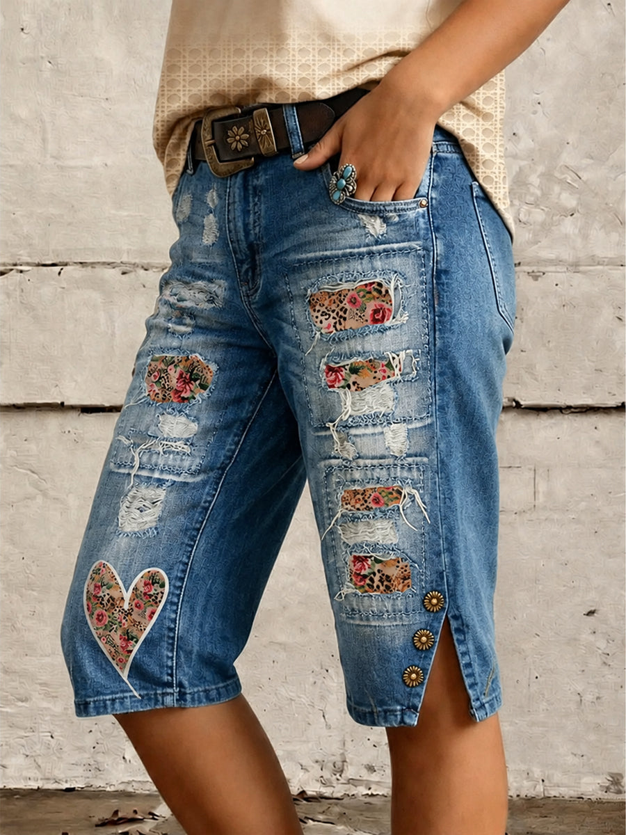 Retro Style Floral Art Print Vintage Casual Denim Shorts